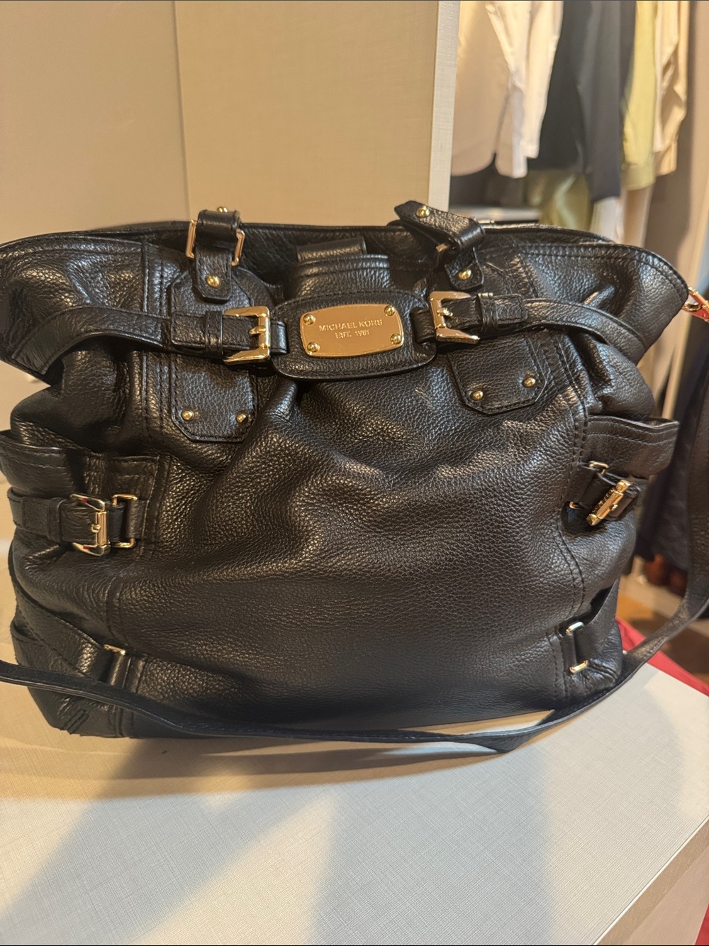 Michael Kors Black Pebbled Leather Shoulder Bag with Gold Hardware